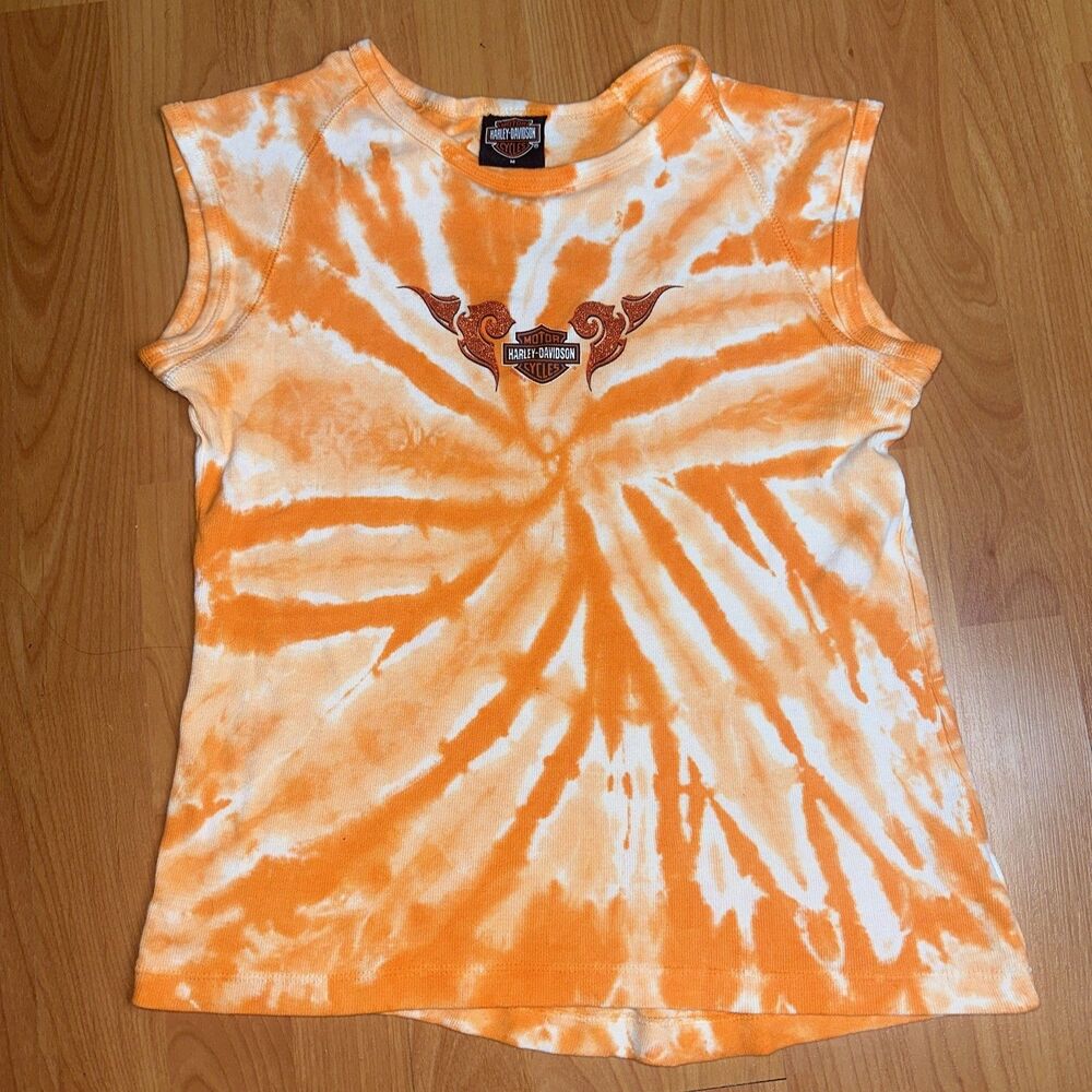 VTG Harley-Davidson Orange Tie Dye Sleeveless Shirt Taylor MI Womens Medium